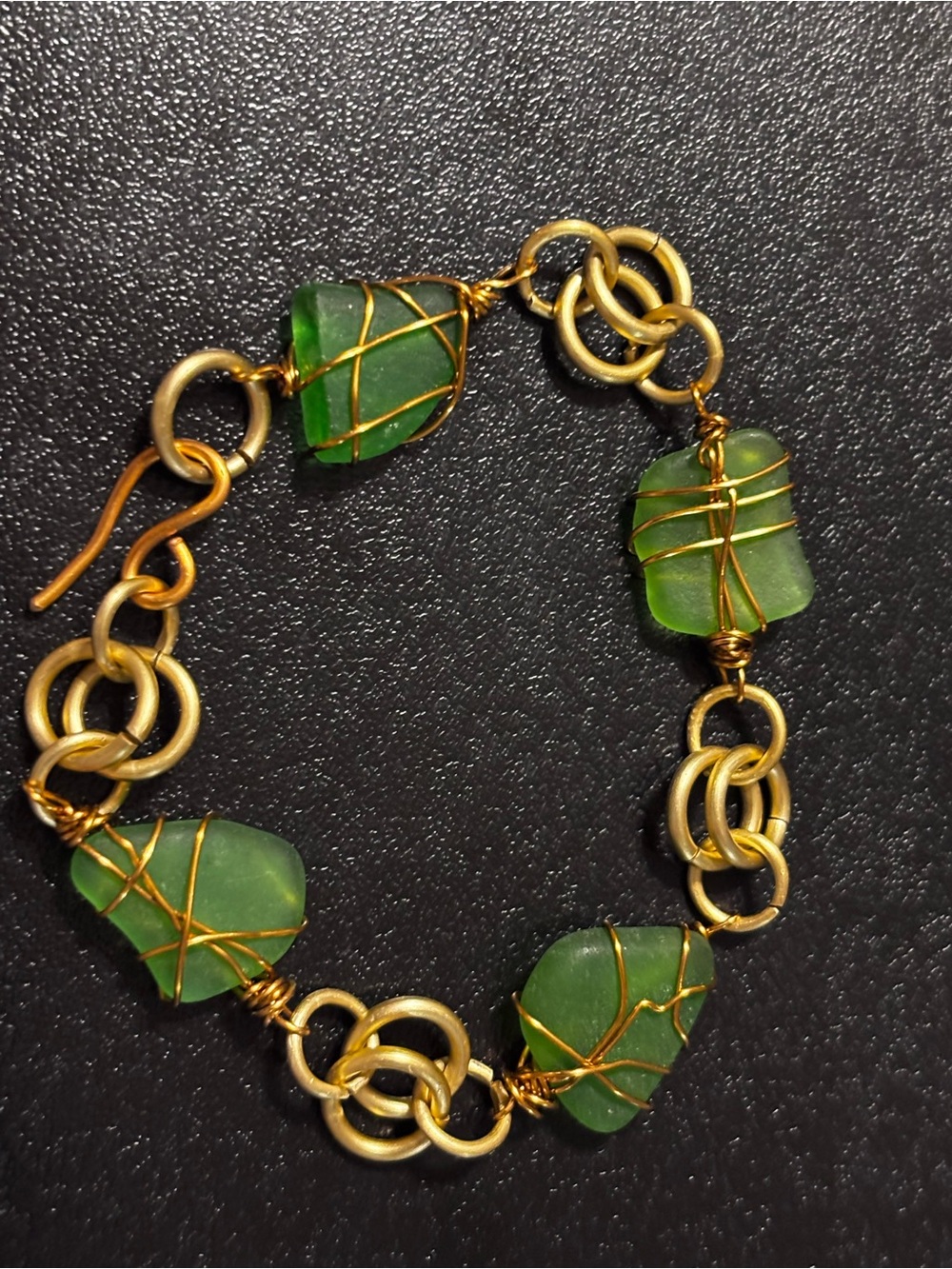 Gold-Wire Wrapped Green Sea‎ Glass Bracelet